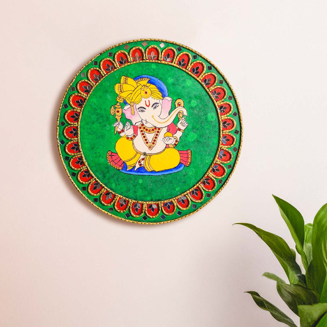 Hand-Painted Lippan Art Ganesha Mdf Wood Wall Plate