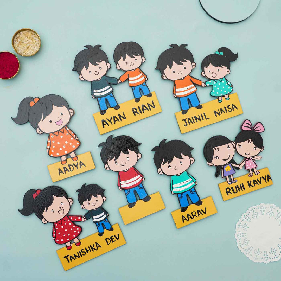 Personalized Hand-painted MDF Kiddo Siblings Magnets Rakhi Gift