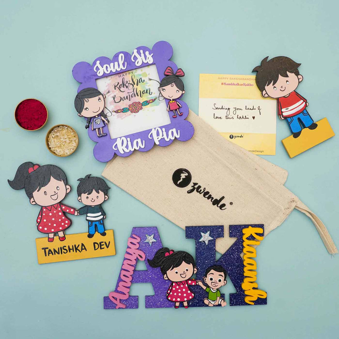 Personalized Hand-painted MDF Kiddo Siblings Magnets Rakhi Gift