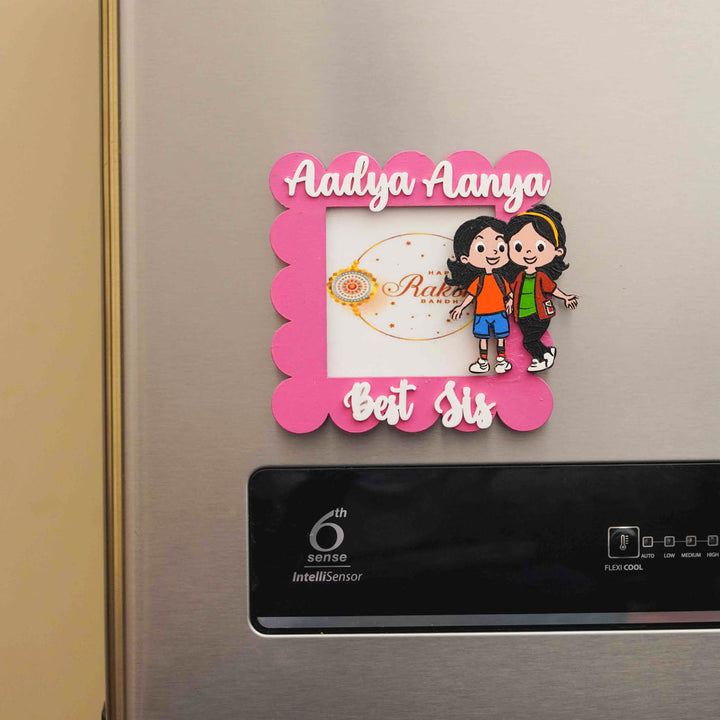 Personalized Hand-painted Pink MDF Polaroid Rectangle Fridge Magnet Rakhi Gift For Siblings