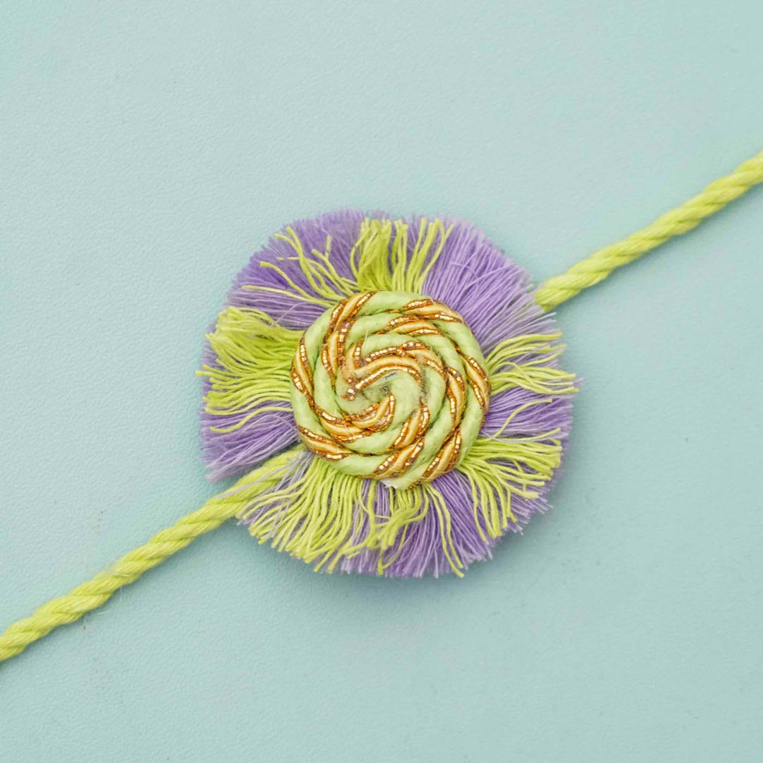 Handmade Macrame Purple & Green Cotton Rakhi With Chocolates & Roli Chawal