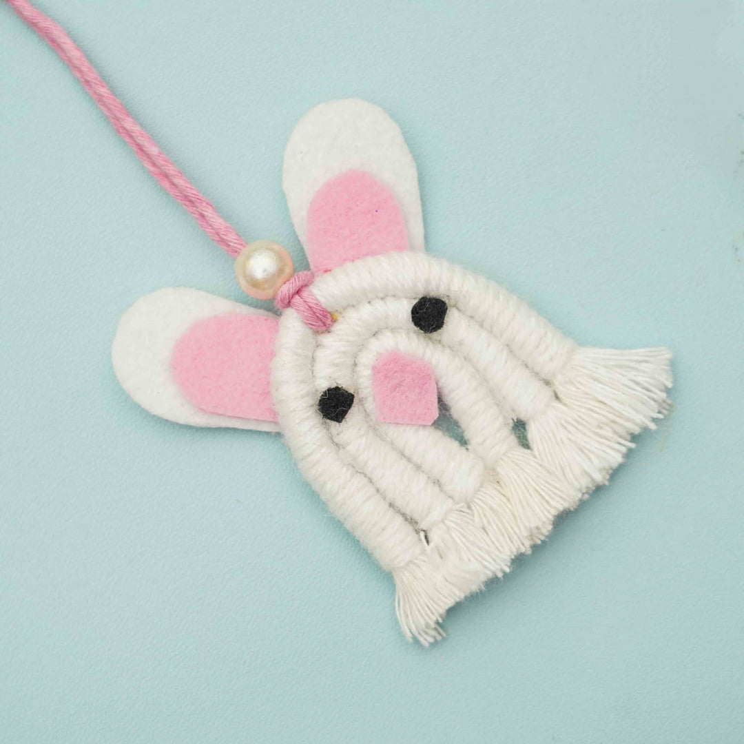 Handmade Macrame White Bunny Design Cotton Kids Rakhi for Girls With Chocolates & Roli Chawal