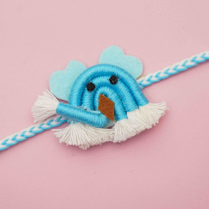 Handmade Macrame Blue Ellie Design Cotton Kids Rakhi With Chocolates & Roli Chawal