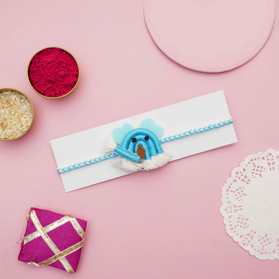 Handmade Macrame Blue Ellie Design Cotton Kids Rakhi With Chocolates & Roli Chawal