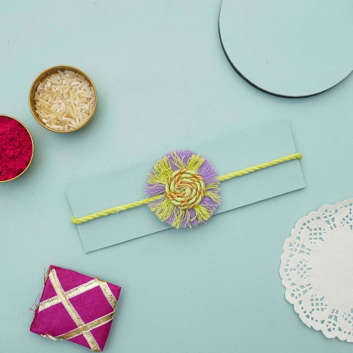 Handmade Macrame Purple & Green Cotton Rakhi With Chocolates & Roli Chawal