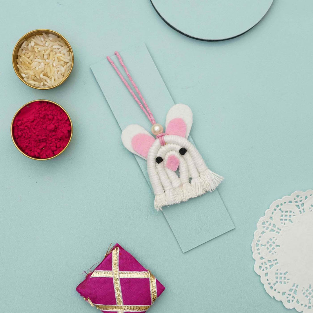 Handmade Macrame White Bunny Design Cotton Kids Rakhi for Girls With Chocolates & Roli Chawal