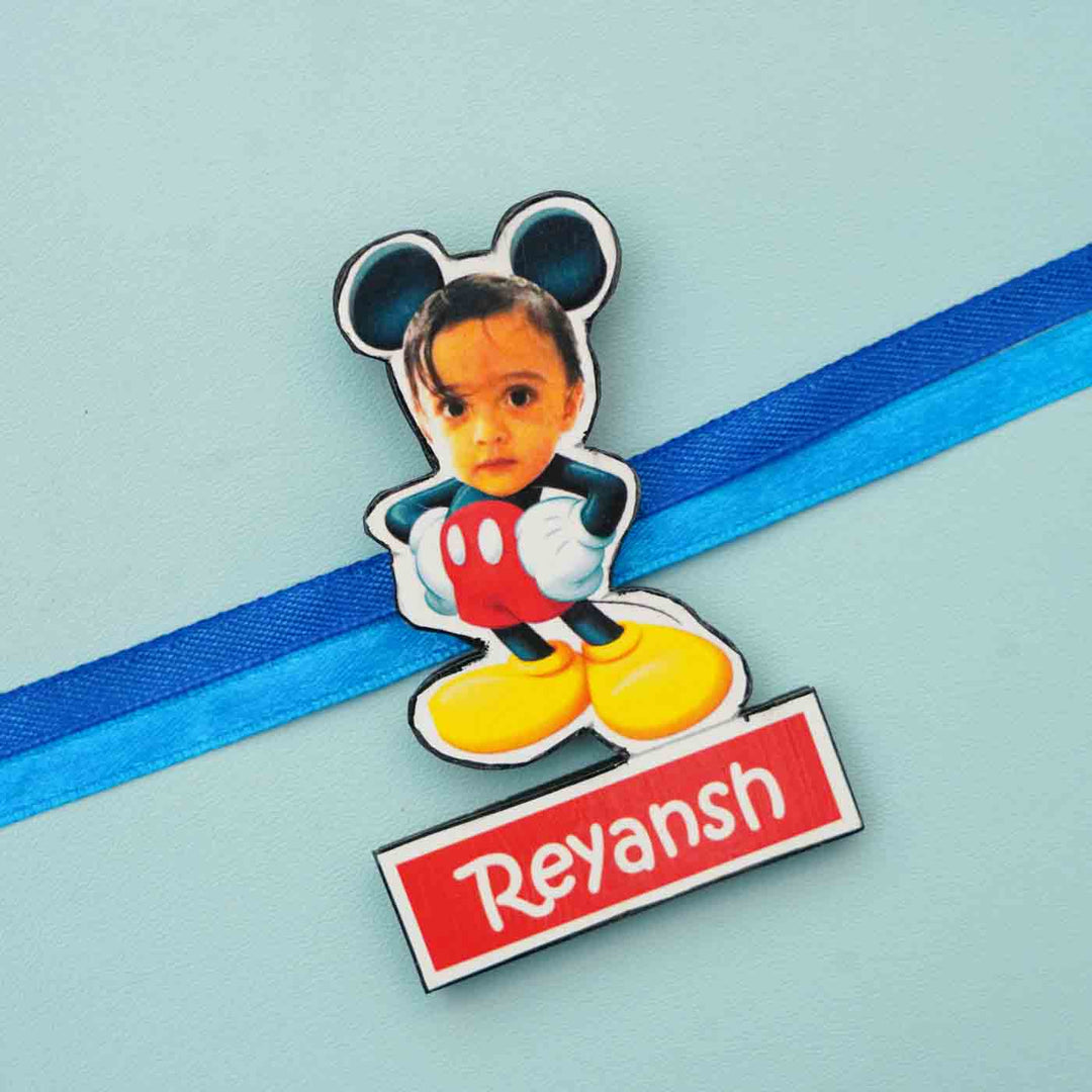 Photo Personalized Reusable X-Large Micky Mouse MDF Wood Rakhi With Roli Chawal