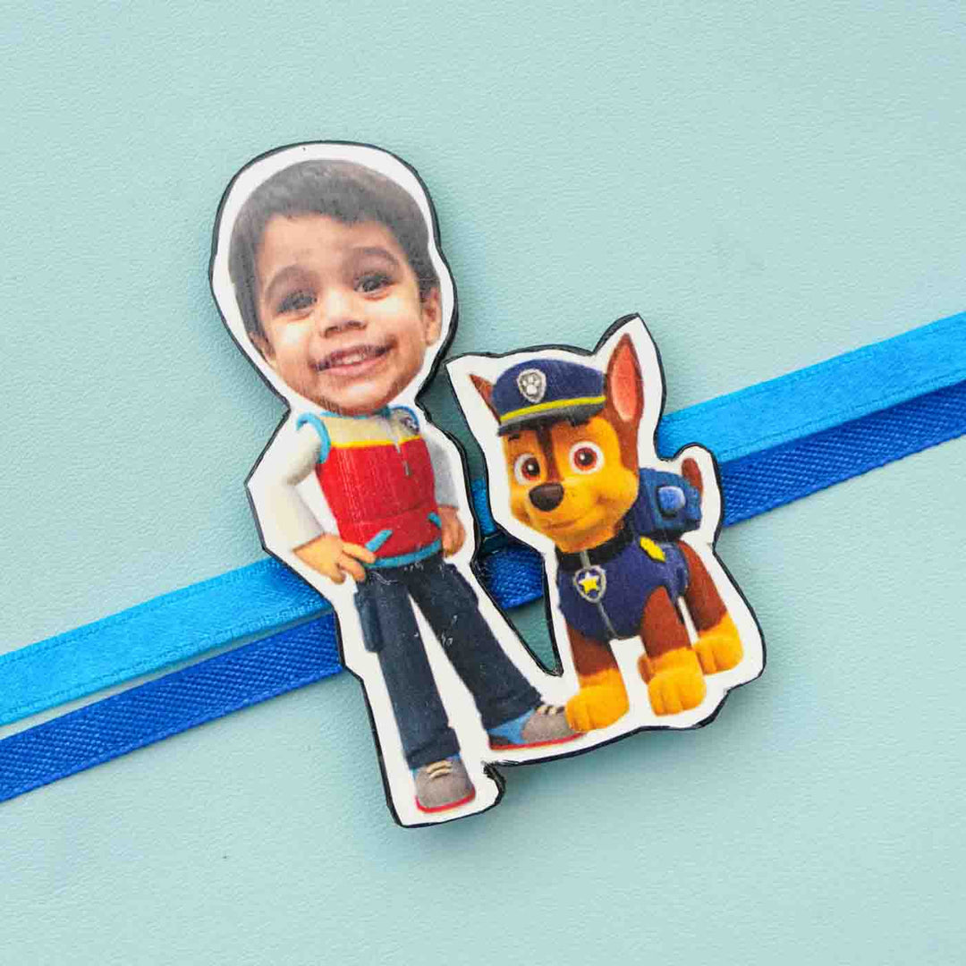 Photo Personalized Reusable X-Large Paw Patrol MDF Wood Rakhi With Roli Chawal