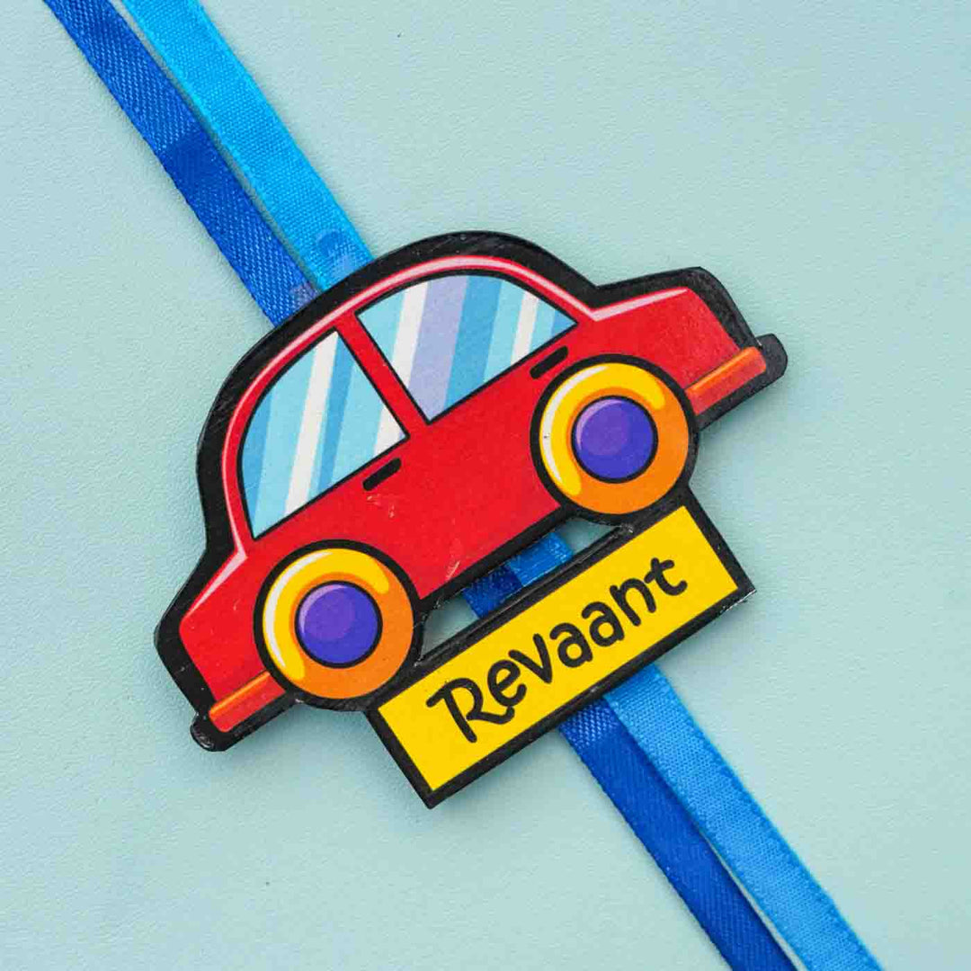 Personalized Reusable X-Large Red Car MDF Wood Rakhi With Roli Chawal