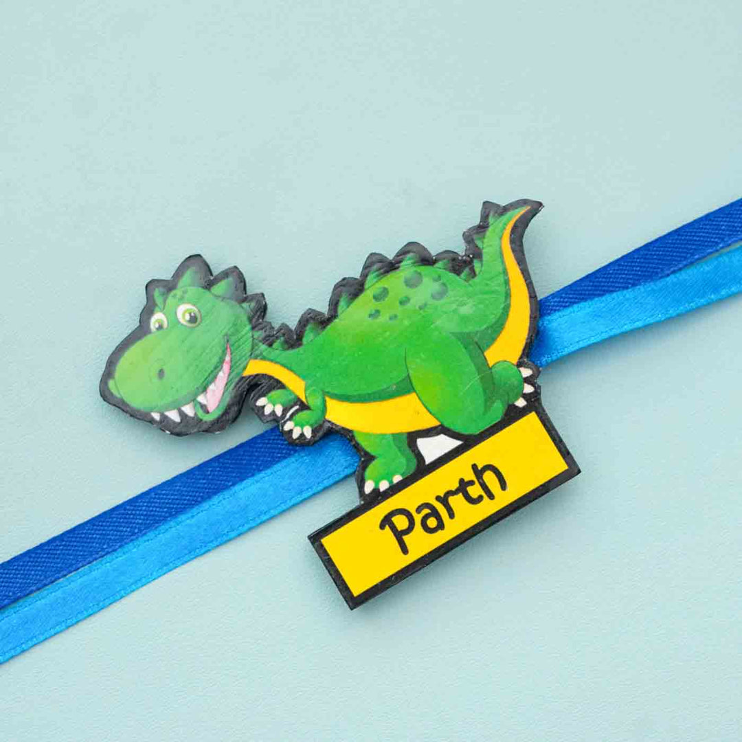 Personalized Reusable X-Large Dinosaur MDF Wood Rakhi With Roli Chawal