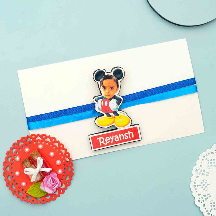 Photo Personalized Reusable X-Large Micky Mouse MDF Wood Rakhi With Roli Chawal