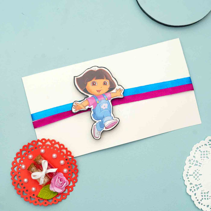 Reusable X-Large Dora The Explorer MDF Wood Rakhi With Roli Chawal