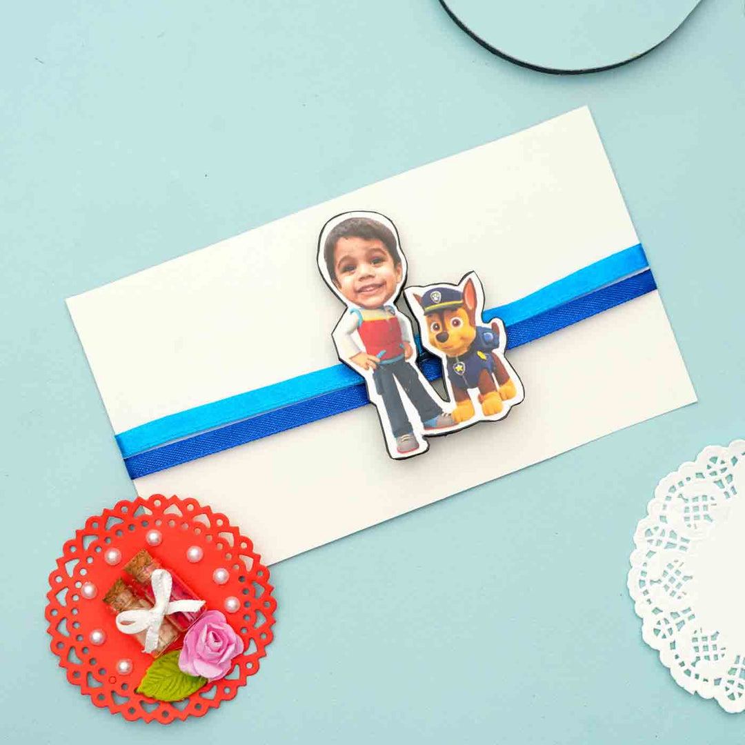 Photo Personalized Reusable X-Large Paw Patrol MDF Wood Rakhi With Roli Chawal