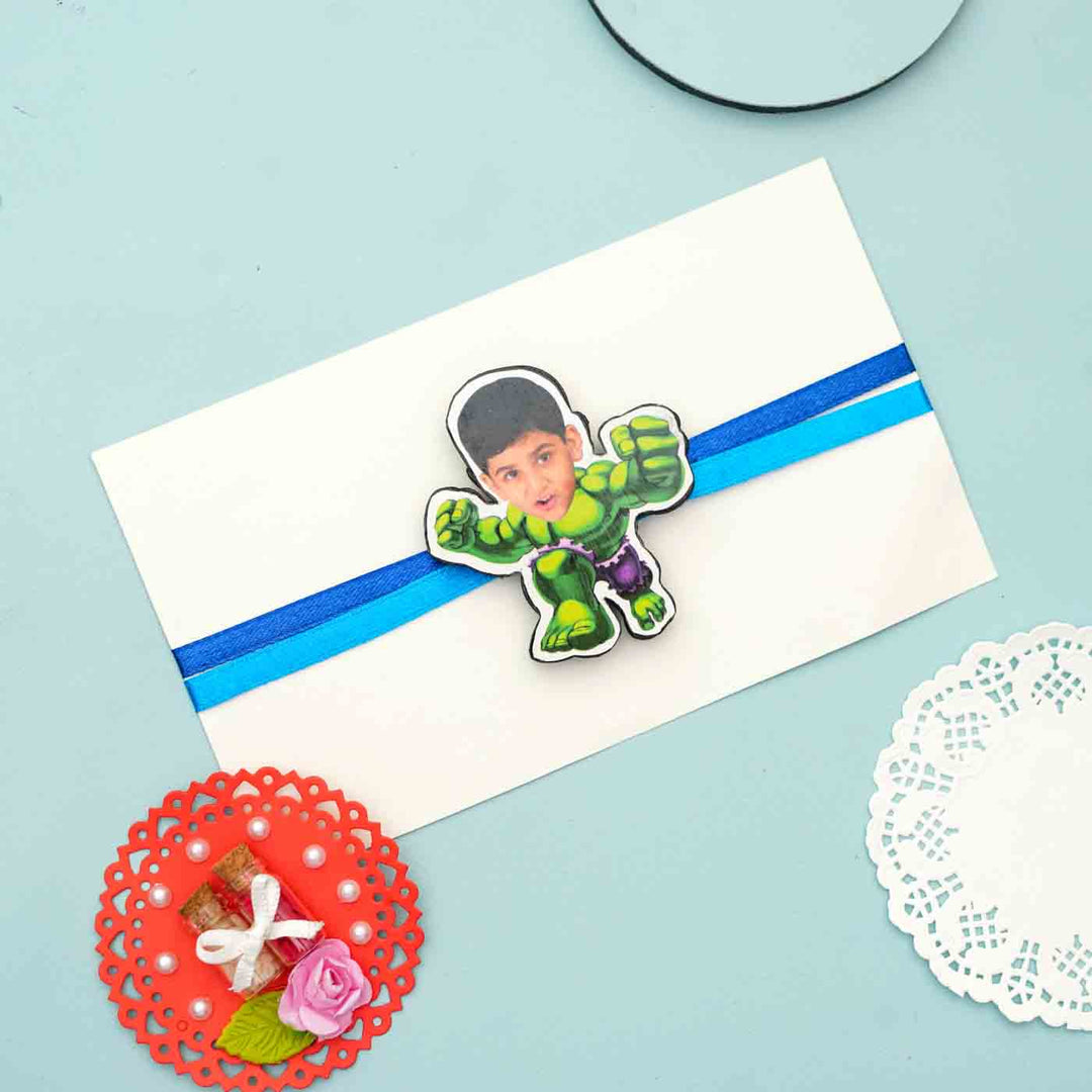 Photo Personalized Reusable X-Large Hulk MDF Wood Rakhi With Roli Chawal