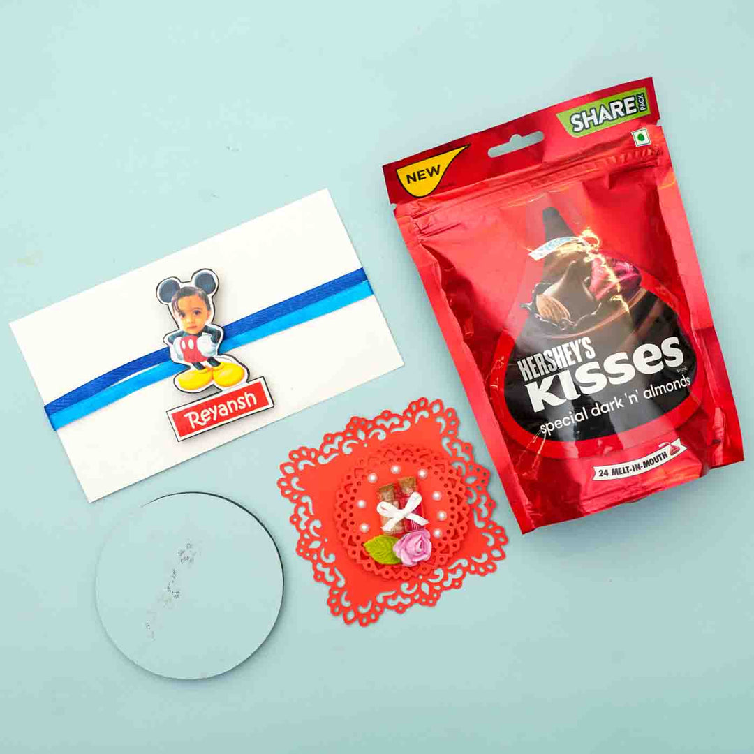 Photo Personalized Reusable X-Large Micky Mouse MDF Wood Rakhi With Roli Chawal