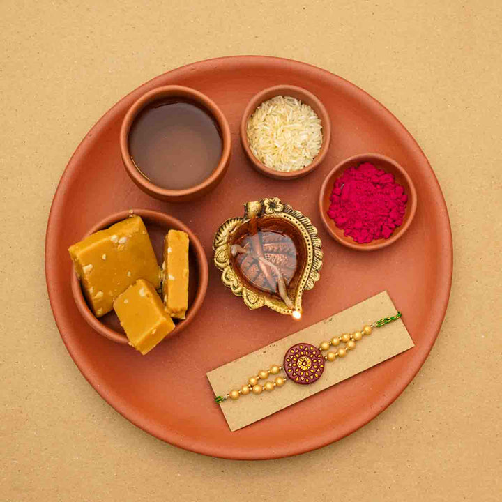 Handmade Ecofriendly Terracotta Rakhi Thali With Roli Chawal | Set of 7