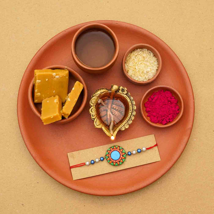 Handmade Ecofriendly Terracotta Rakhi Thali With Roli Chawal | Set of 7