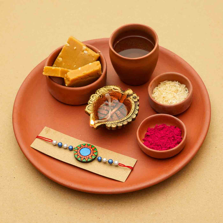 Handmade Ecofriendly Terracotta Rakhi Thali With Roli Chawal | Set of 7