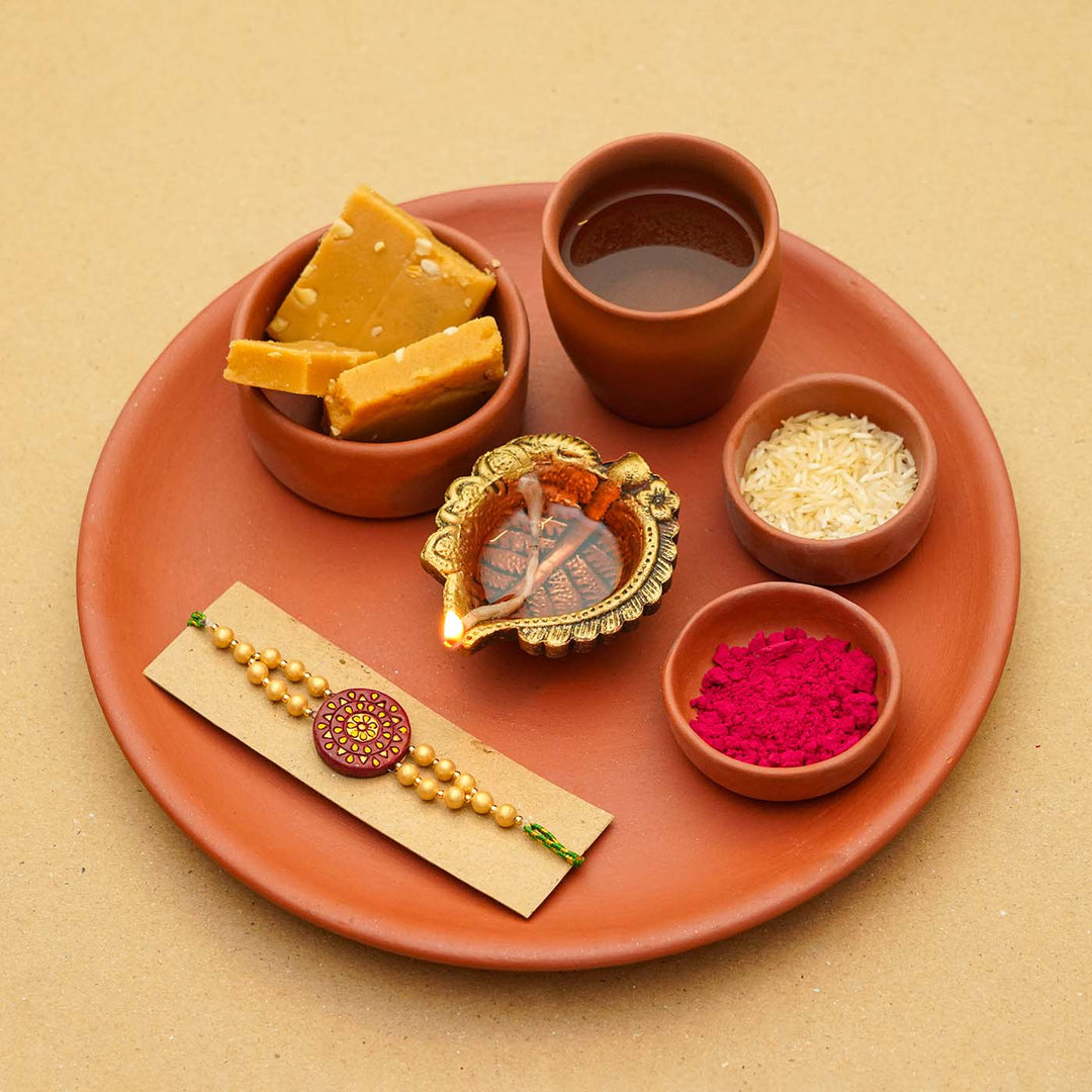 Handmade Ecofriendly Terracotta Rakhi Thali With Roli Chawal | Set of 7