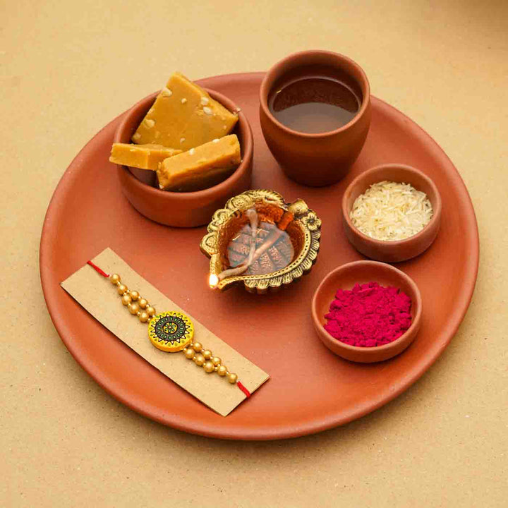 Handmade Ecofriendly Terracotta Rakhi Thali With Roli Chawal | Set of 7