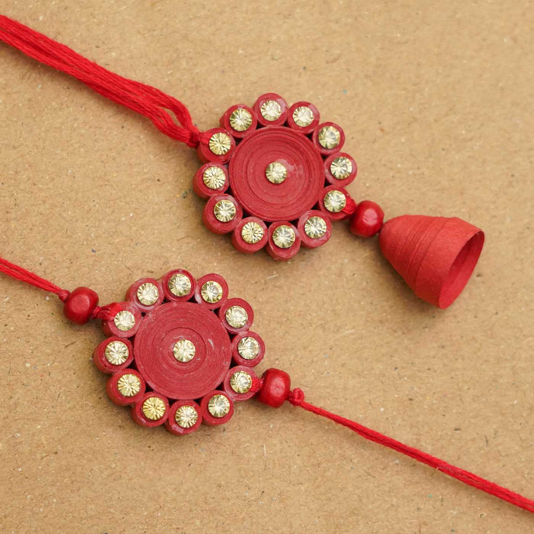 Handmade Ecofriendly Red Quilled Recycled Paper Bhaiya Bhabhi Rakhi With Roli Chawal