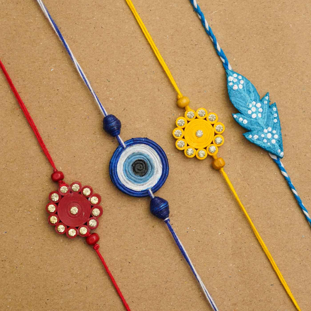 Handmade Ecofriendly Yellow Quilled Recycled Paper Bhaiya Bhabhi Rakhi With Roli Chawal