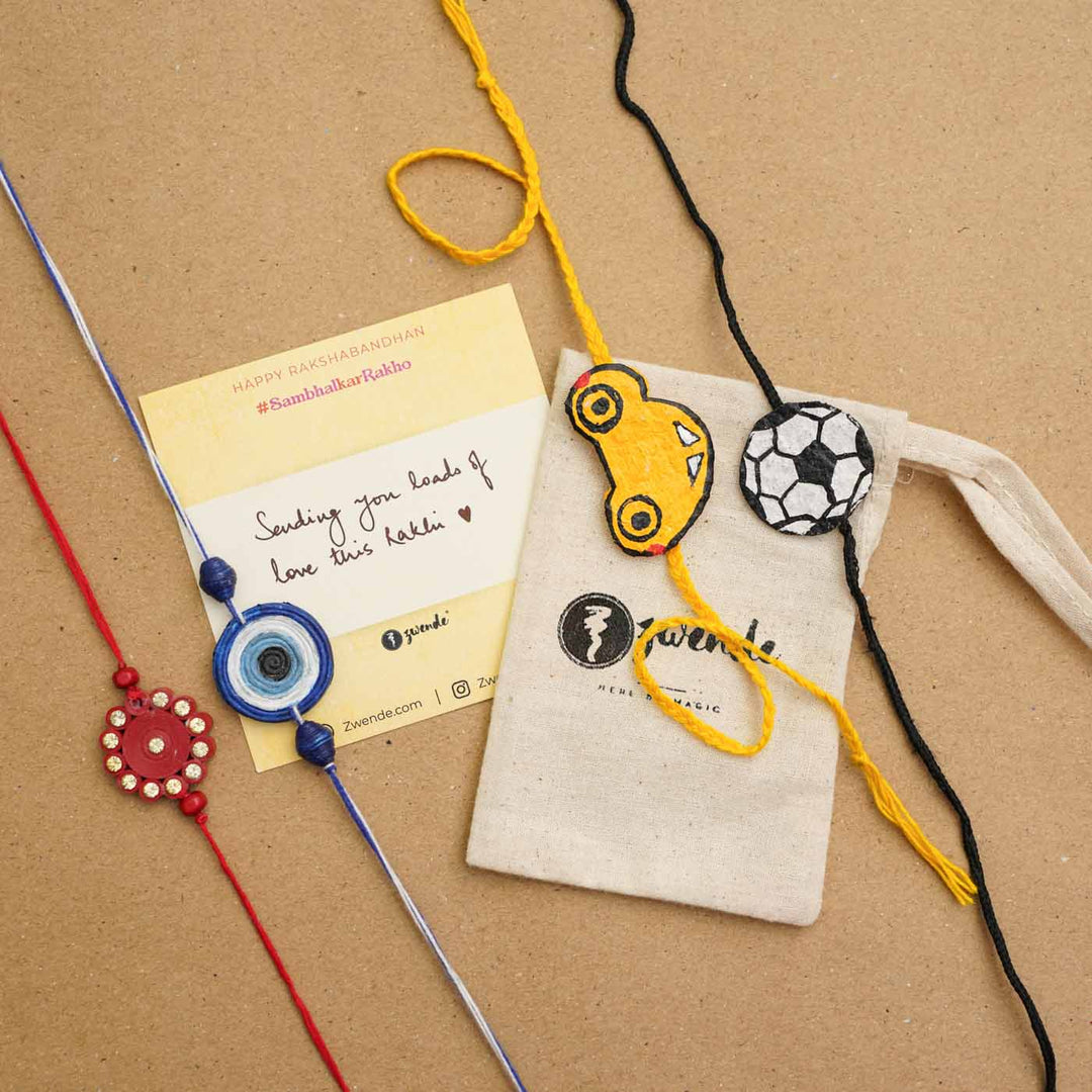 Handmade Ecofriendly Yellow Car Recycled Paper Rakhi With Roli Chawal