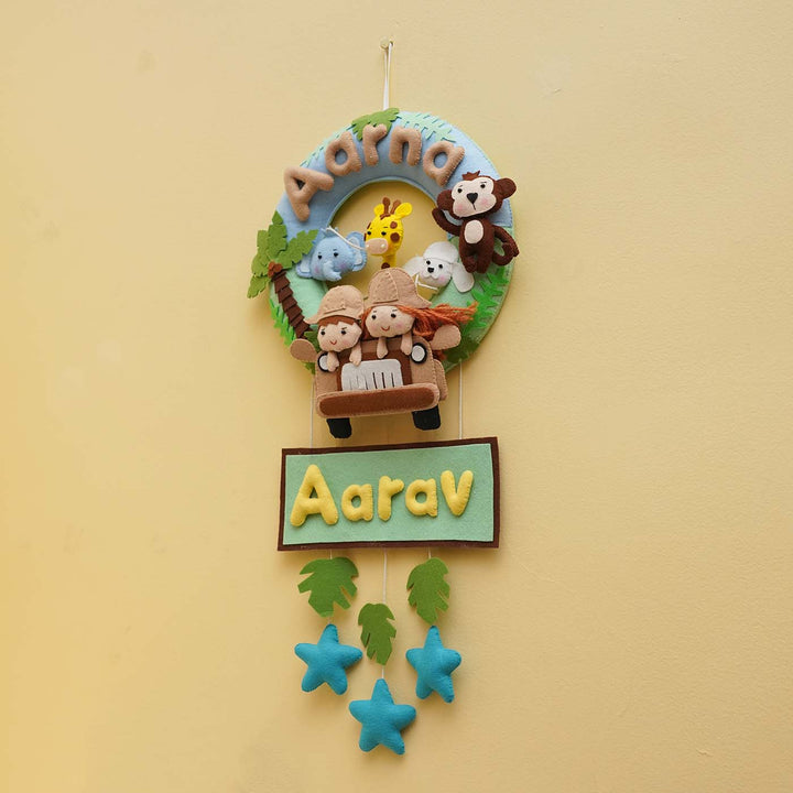 Personalized Jungle Safari Theme Round Felt Kid's Nameplate For Siblings