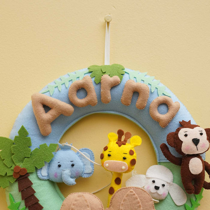 Personalized Jungle Safari Theme Round Felt Kid's Nameplate For Siblings