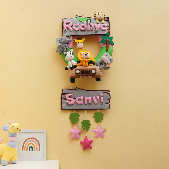 Personalized Jungle Safari Themed Round Felt Kid's Nameplate - Pink For Siblings