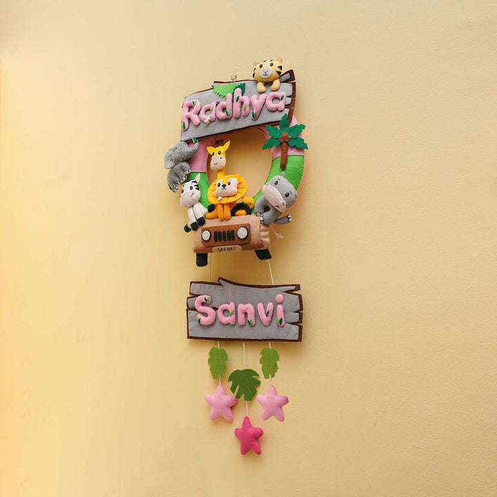 Personalized Jungle Safari Themed Round Felt Kid's Nameplate - Pink For Siblings