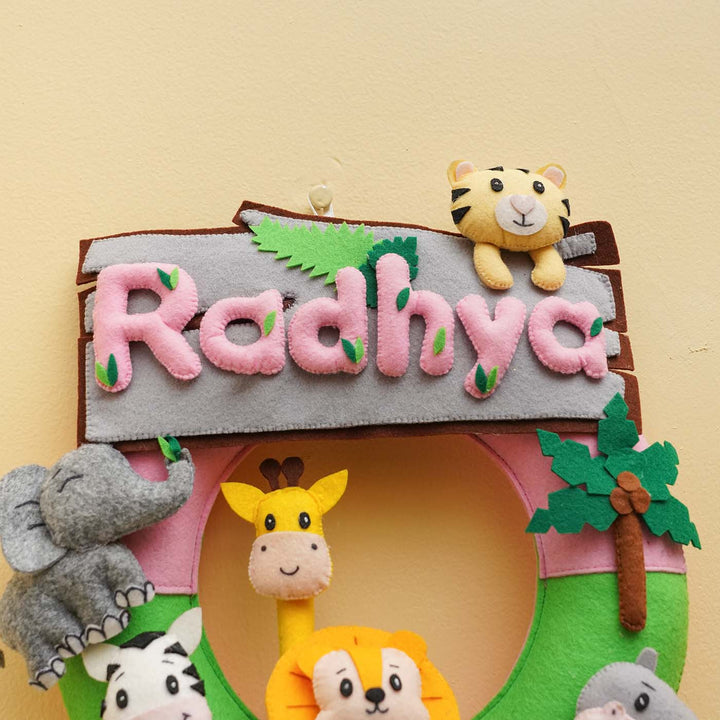 Personalized Jungle Safari Themed Round Felt Kid's Nameplate - Pink For Siblings