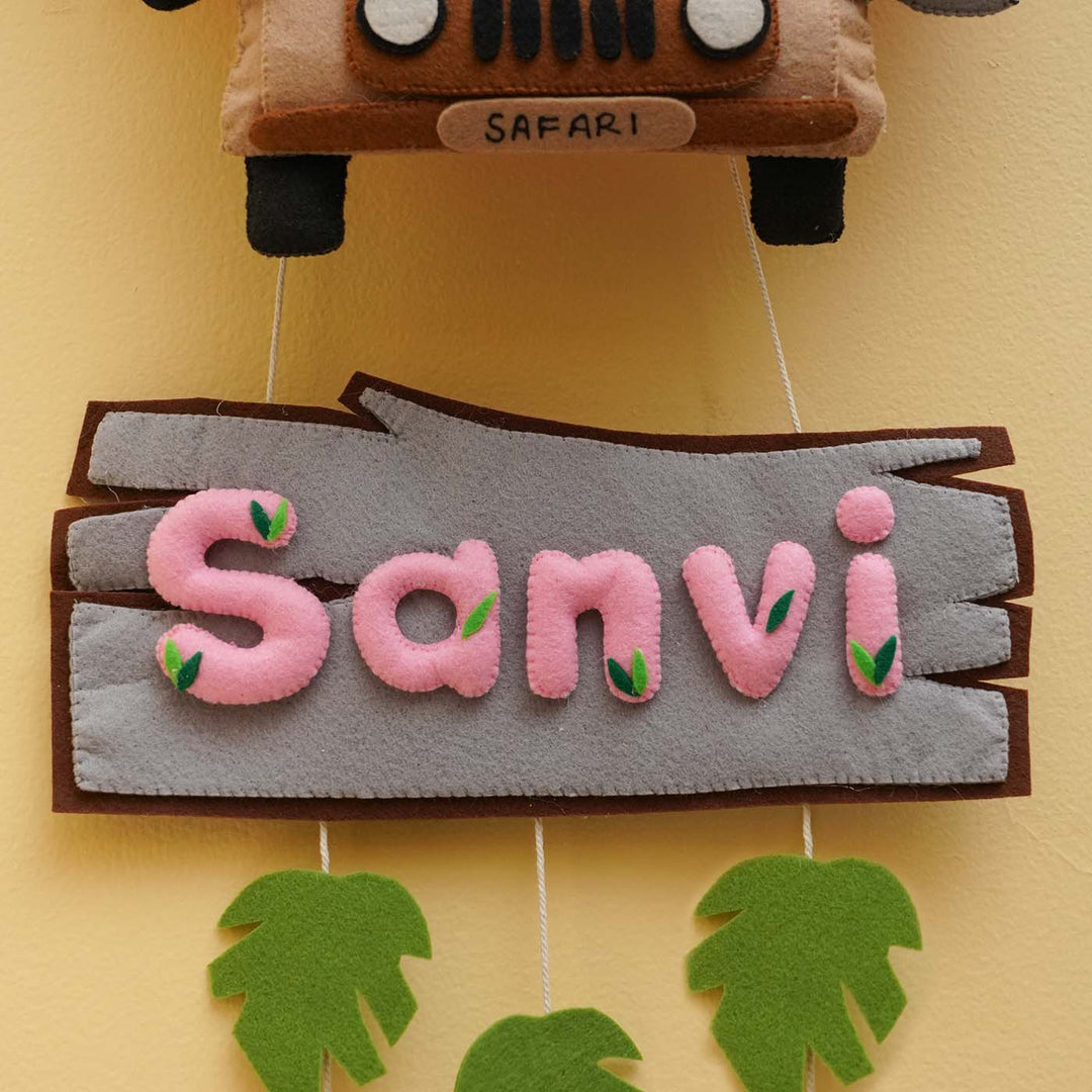 Personalized Jungle Safari Themed Round Felt Kid's Nameplate - Pink For Siblings