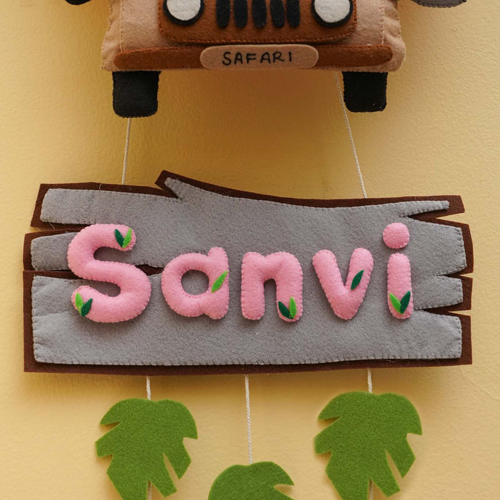 Personalized Jungle Safari Themed Round Felt Kid's Nameplate - Pink For Siblings