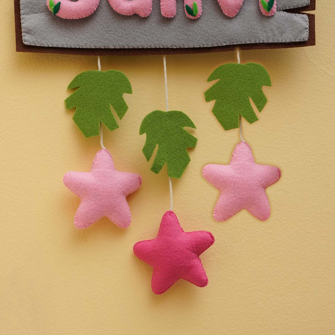 Personalized Jungle Safari Themed Round Felt Kid's Nameplate - Pink For Siblings