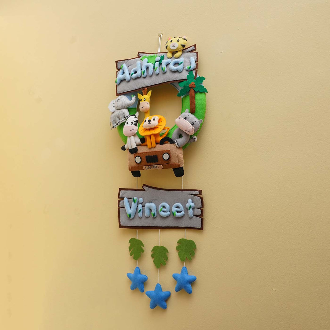 Personalized Jungle Safari Themed Round Felt Kid's Nameplate For Siblings