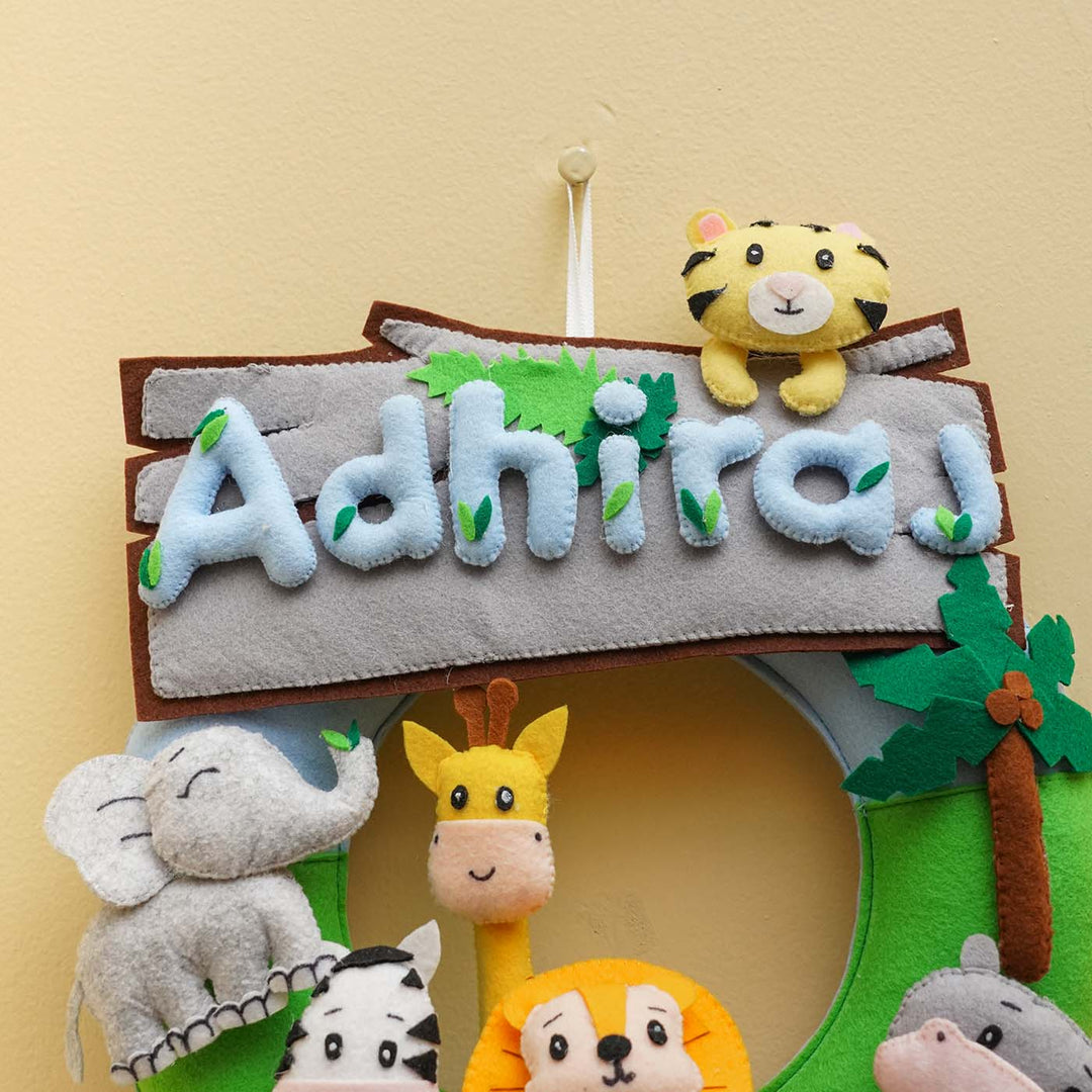 Personalized Jungle Safari Themed Round Felt Kid's Nameplate For Siblings