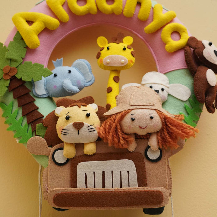 Personalized Jungle Safari Theme Round Felt Kid's Nameplate - Pink For Siblings