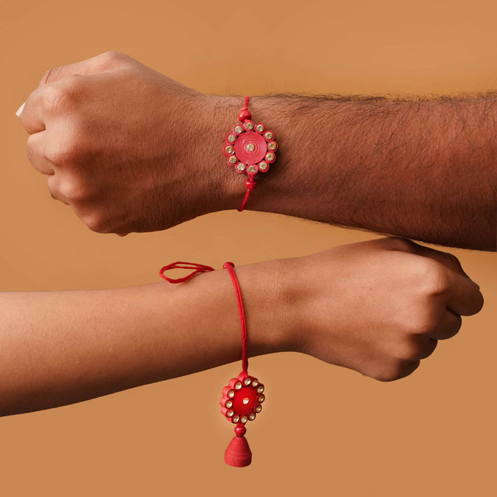 Handmade Ecofriendly Red Quilled Recycled Paper Bhaiya Bhabhi Rakhi With Roli Chawal