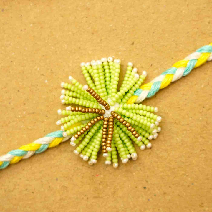 Reusable Beaded Green Flower Rakhi With Roli Chawal