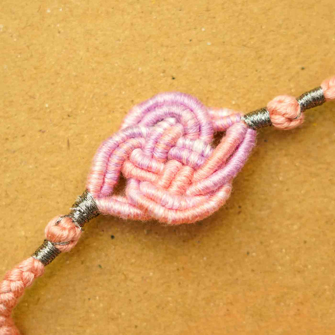 Reusable Embroidered Pink Ombre Infinity Knot Rakhi With Roli Chawal