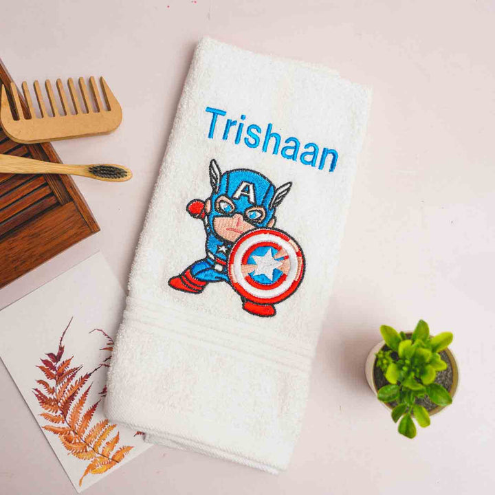 Personalized Embroidered Captain America Design Cotton Hand Towel