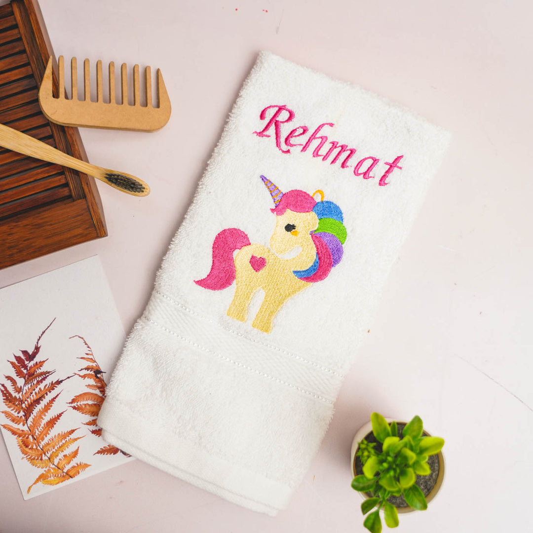 Personalized Embroidered Unicorn Theme Cotton Hand Towel | Set Of 2