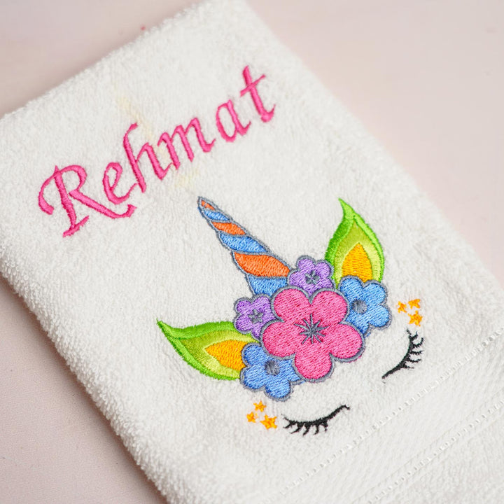 Personalized Embroidered Unicorn Head With Flowers Design Cotton Hand Towel