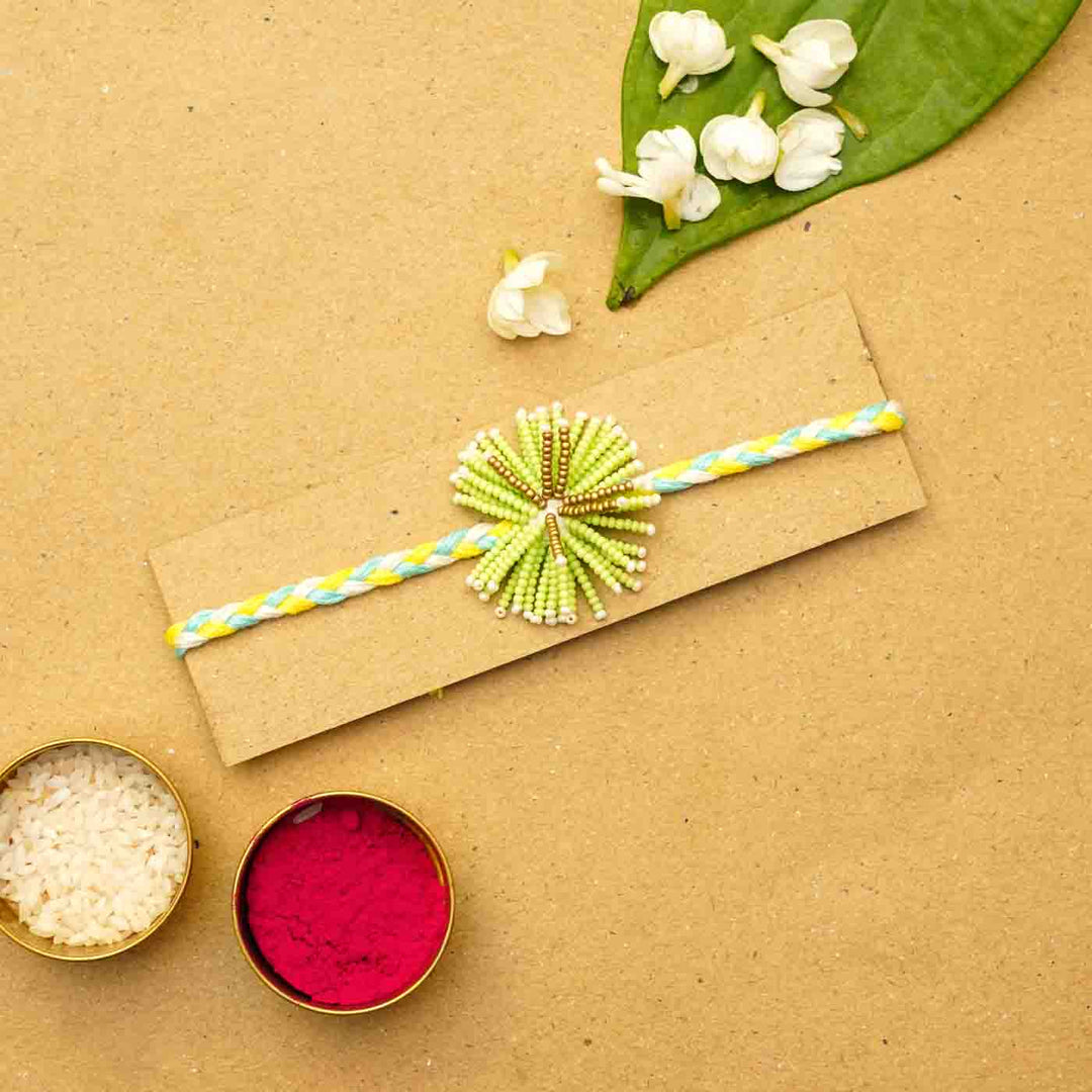 Reusable Beaded Green Flower Rakhi With Roli Chawal