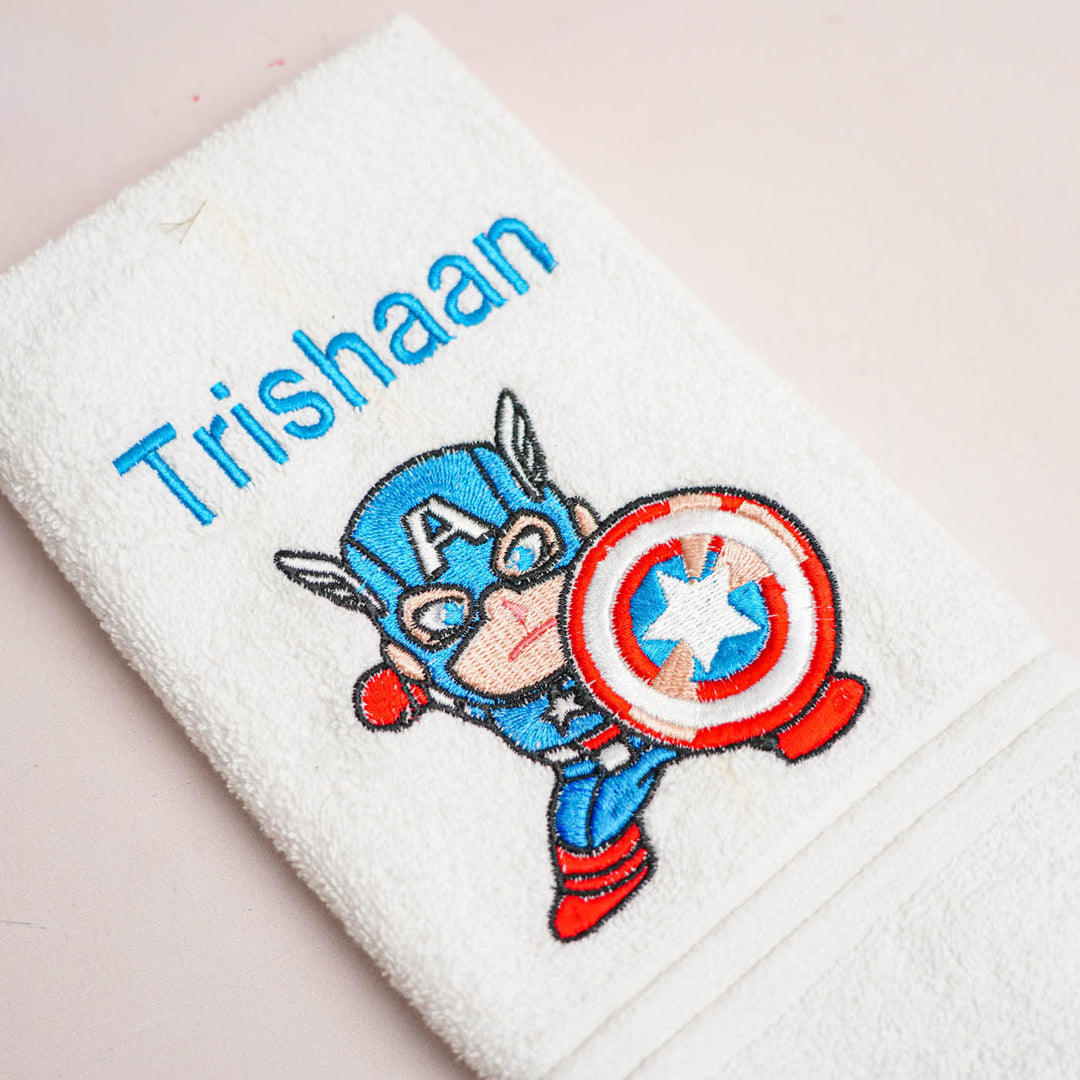 Personalized Embroidered Captain America Design Cotton Hand Towel