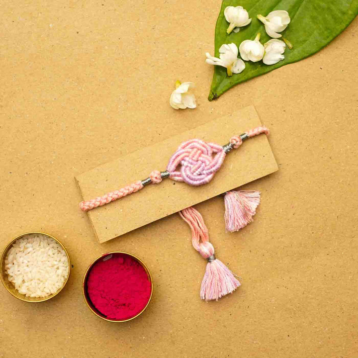 Reusable Embroidered Pink Ombre Infinity Knot Rakhi With Roli Chawal