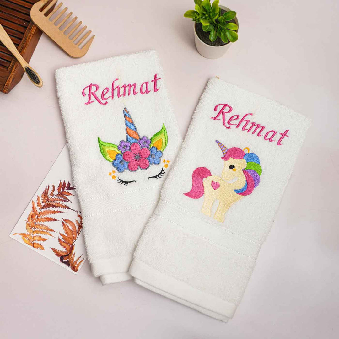 Personalized Embroidered Unicorn Theme Cotton Hand Towel | Set Of 2