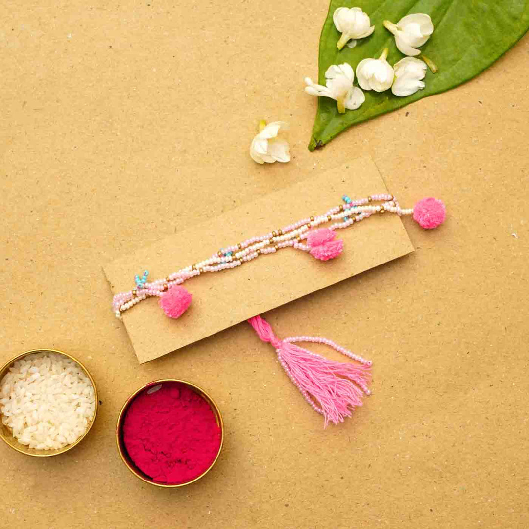 Reusable Beaded Tassel Lumba Rakhi for Bhabhi With Roli Chawal