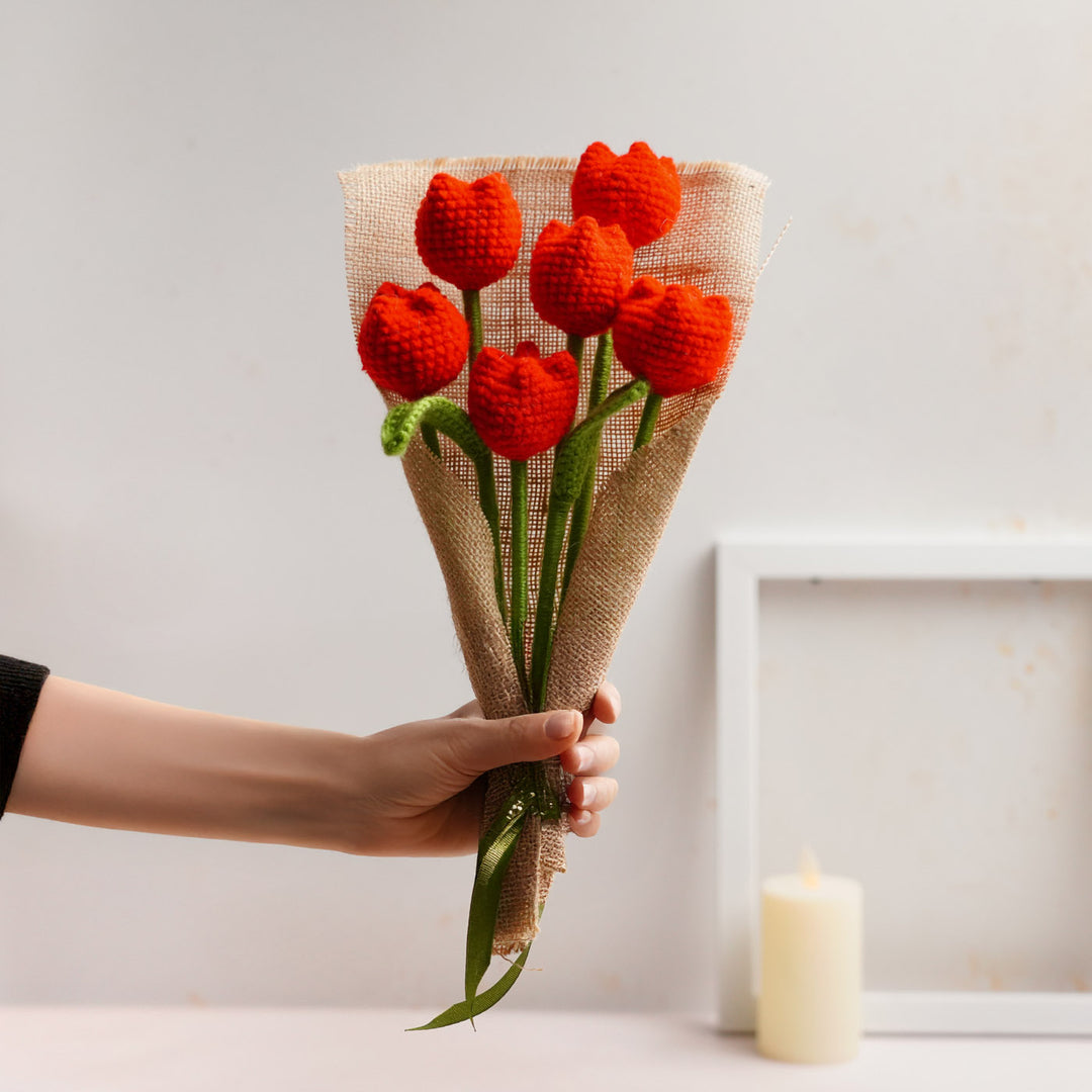 Handmade Crochet Red Tulip Flower Bouquet | Set Of 6